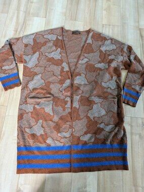 KERISMA Abstract Camo Longline Cardigan Sweater Brown Metallic Blue Stripe M/L